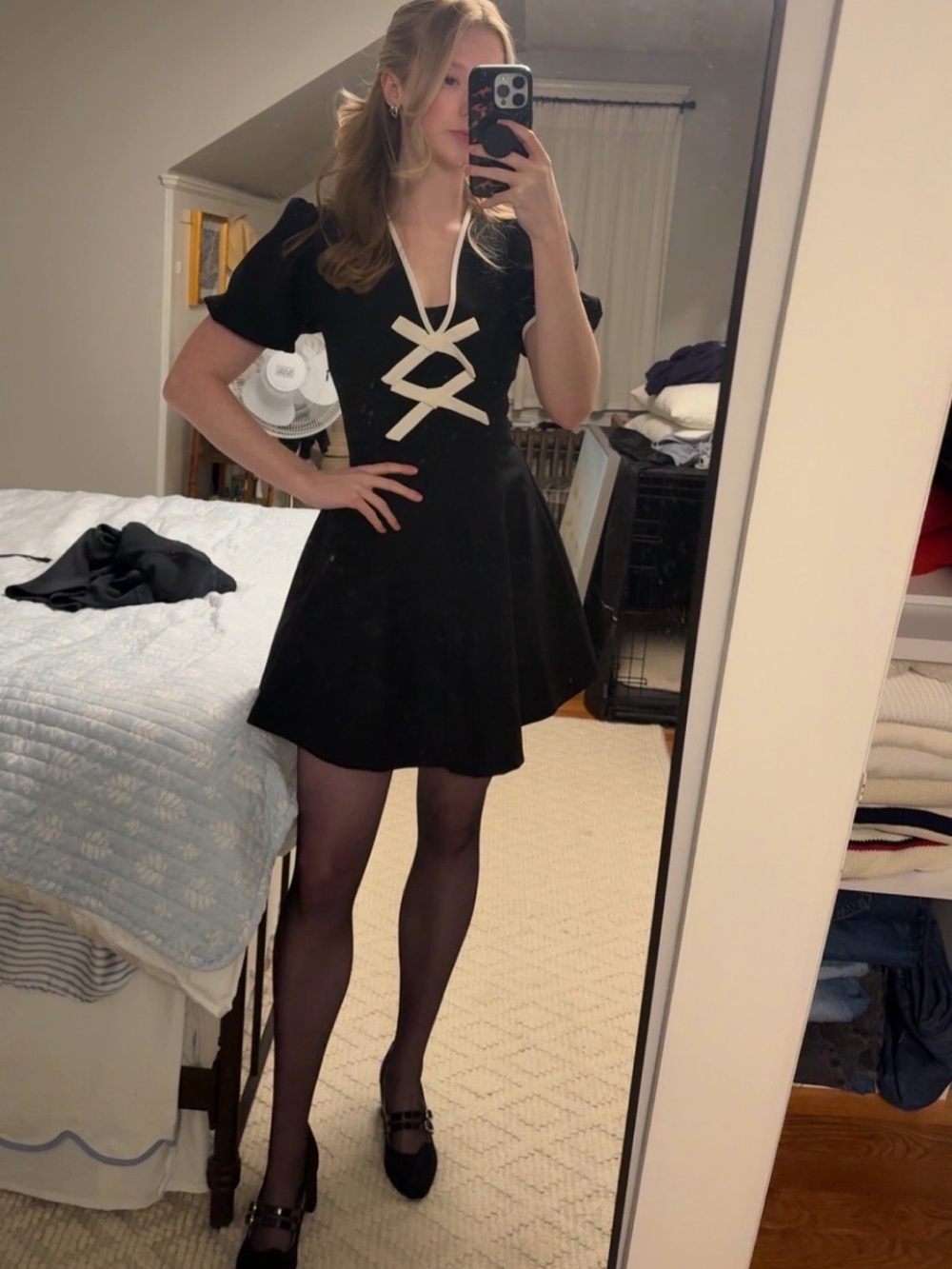 Zara Black Mini Dress with White Trim and Bow Details